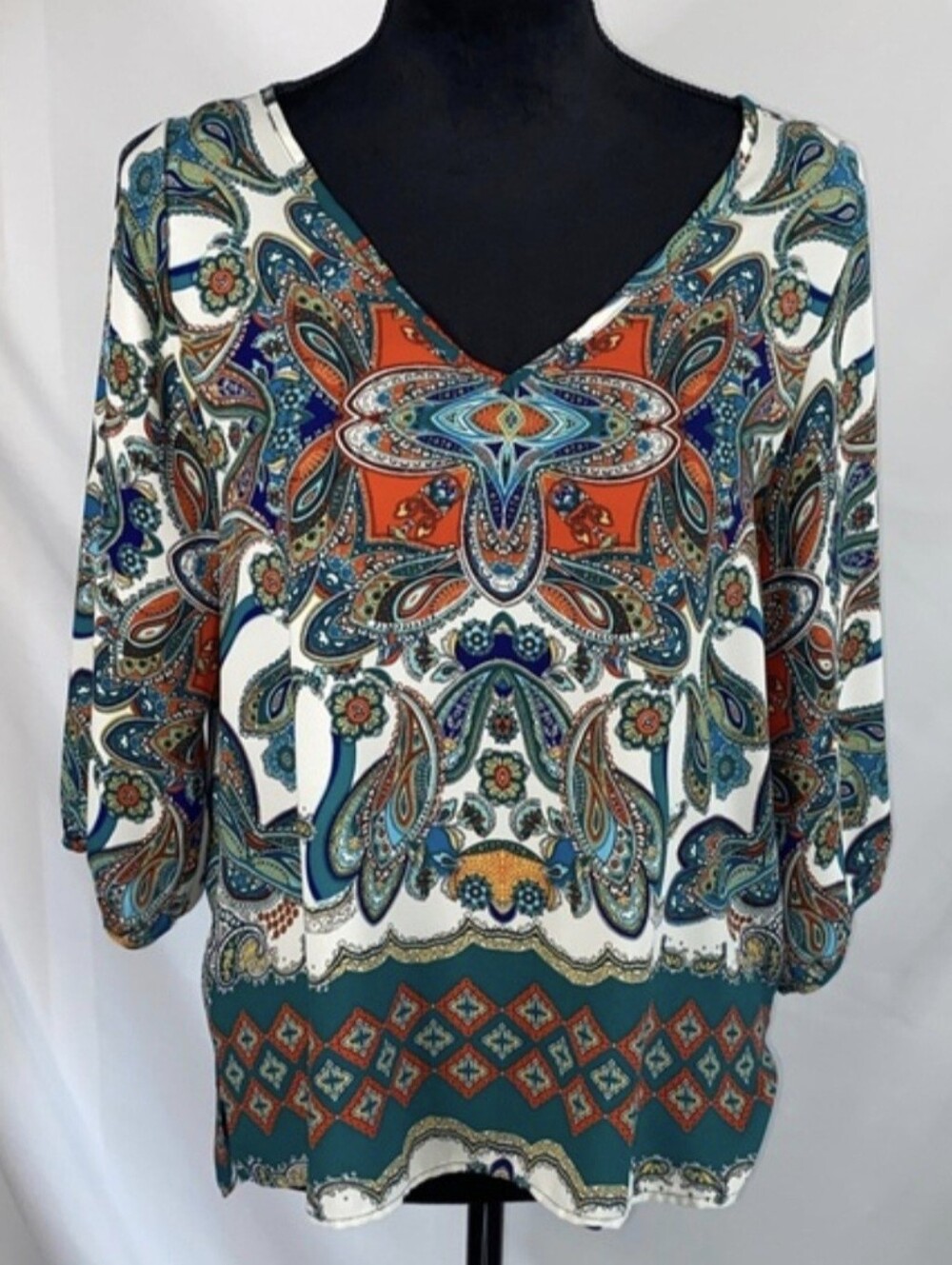 Renee C. Multicolor Paisley V-Neck Blouse with Teal & Coral Accents
